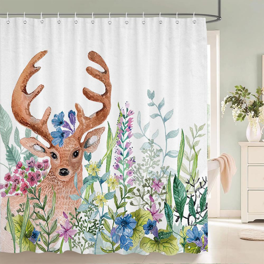Nordic Style Flower Leaf Plant Printed Fabric Shower Curtains Floral Bath Screen Waterproof Products Bathroom Decor With Hooks
