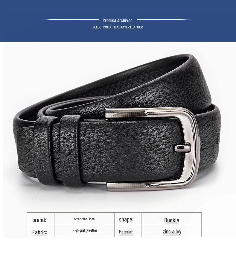 Men's Genuine Leather Pin Buckle Belt, Lychee Pattern, 3.8cm Wide, Fashionable and Versatile for Jeans