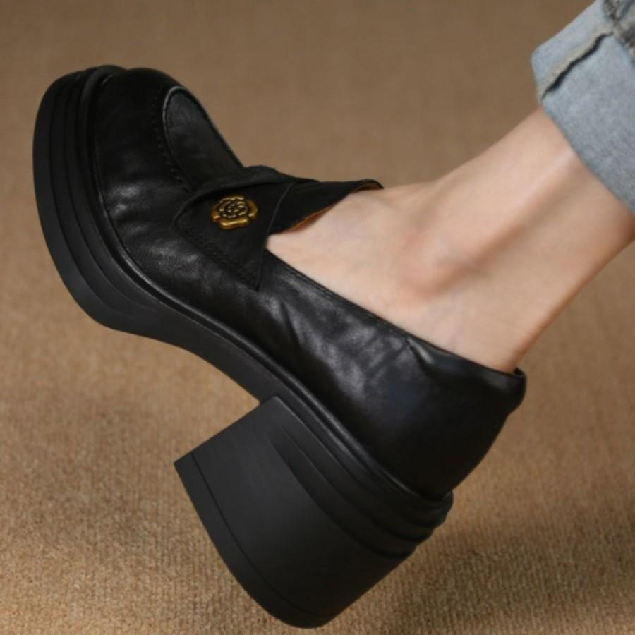 Schwarze Plateau-High-Heel-Einzelschuhe Damen Herbst Slipper Mode Ein-Pedal Wasserdicht Tisch Dicke Absätze Kleine Lederschuhe Damen
