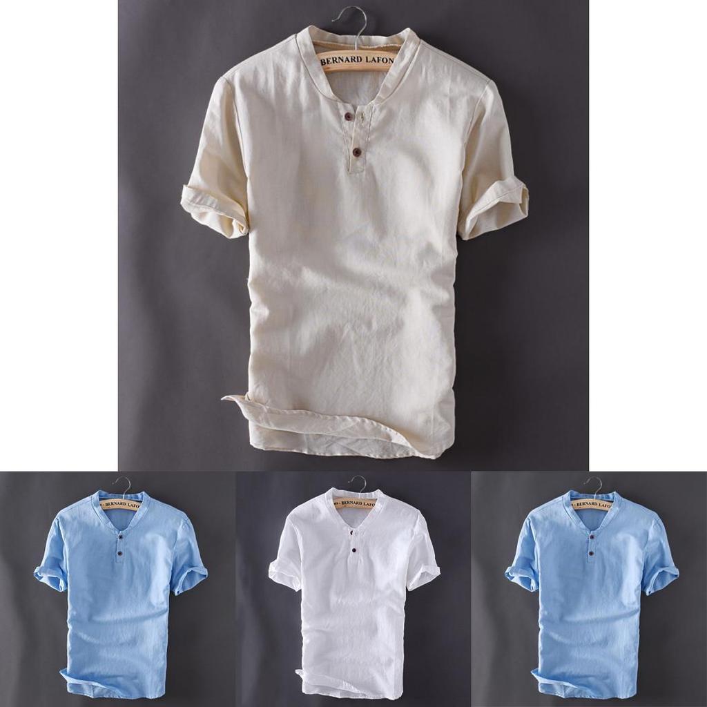 Premium Quality Usa Men's Pullover Linen Short Sleeves Shirts In Solid Cotton Fabric