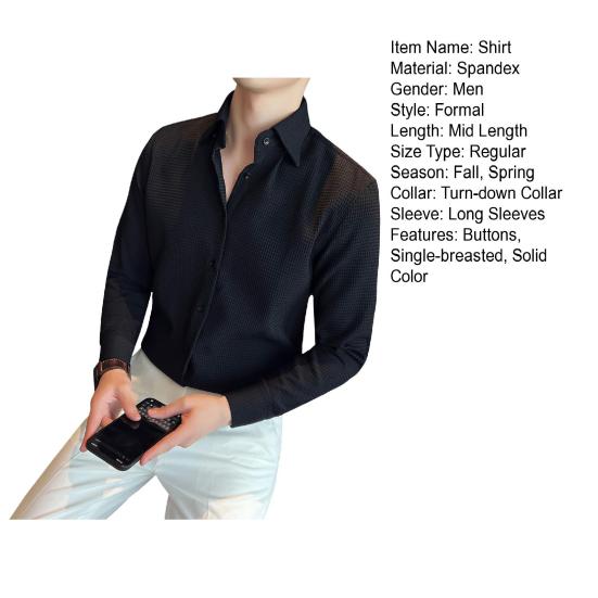 Men Spring Fall Shirt Frence Style Turn-down Collar Slim Fit Waffle Texture Single-breasted Long Sleeves Pure Color Mid Length Young Formal Top