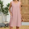 Frühling und Sommer Neues einfarbiges Rundhals-Lockeres Kleid Ärmellos mit Tasche Damenkleid