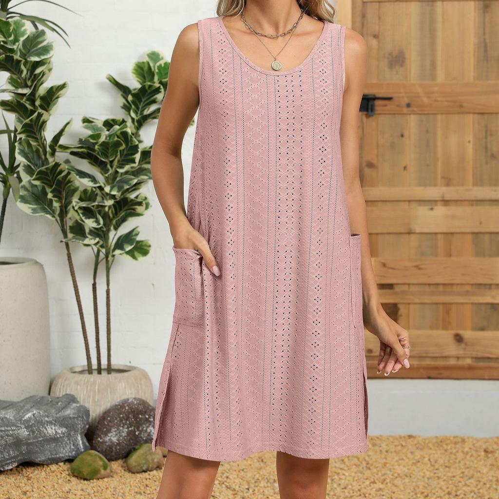 Frühling und Sommer Neues einfarbiges Rundhals-Lockeres Kleid Ärmellos mit Tasche Damenkleid