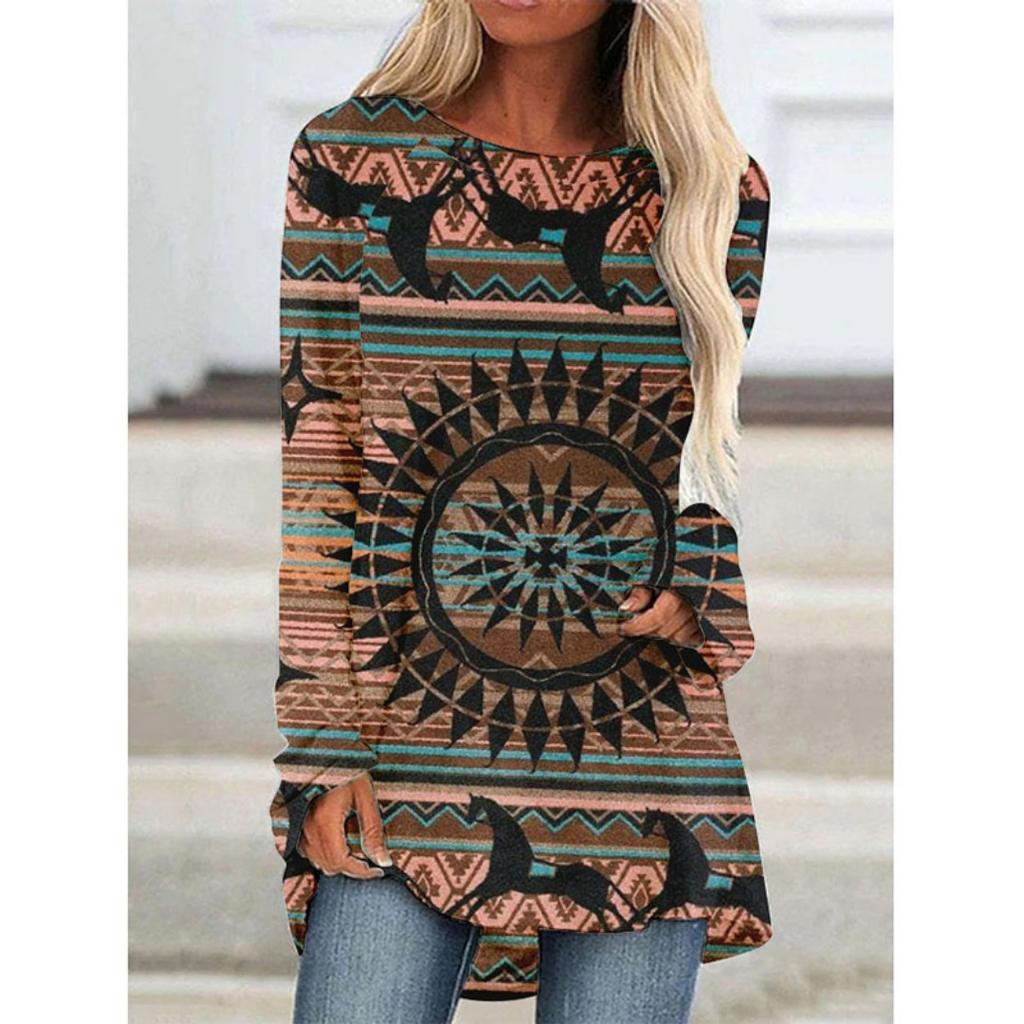 Western Aztec Ethnic 3D Print Langermede T-skjorter Bohemian Women Vintage Fashion T-skjorte Oversized Streetwear T-skjorter for kvinner Topper