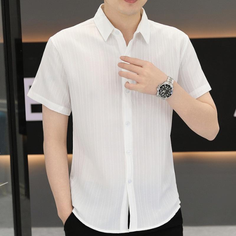 Summer Short-sleeved Shirt Men's Plaid Shirt Workwear Gangster Handsome Men's Ice Silk Casual Inch Shirt Tops