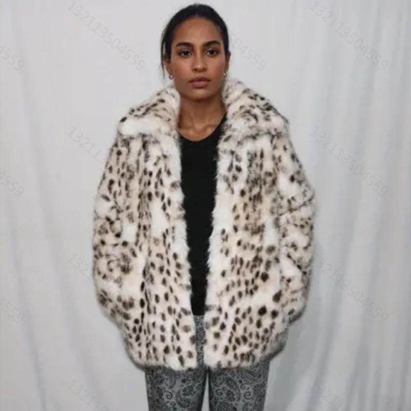 Women's fur jacket mink medium and long coat leopard print color casual winter warm babes party clothing