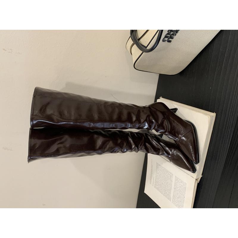 

2025 осень и зима новый плиссированный дизайн черные кожаные сапоги носить мягкую кожу тонкие рыцарские сапоги женские 39 коричневый