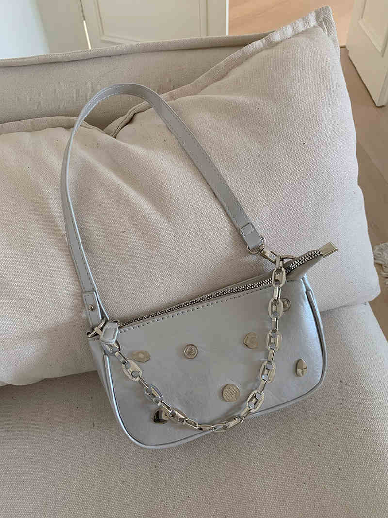 

Heart Rivet Chain One Shoulder Bag Women 2026 Spring Summer New Simple PU Handbag Silver Luxury Party Underarm Baga Mini(Max Length<20cm) серебряный