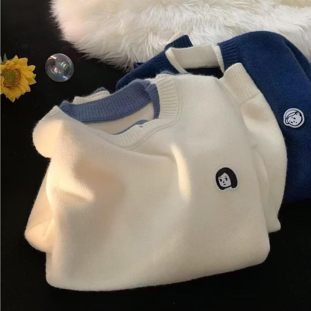 Japanese Style Color Block Round Neck Sweater - Long Sleeve, Loose Fit, Two-Piece Knitwear for Teenage Boys, Winter Fashion
