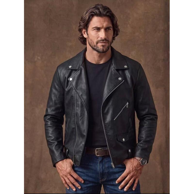 European and American style men's PU leather jacket locomotive jacket lapel oblique zipper jacket autumn casual men's clothing