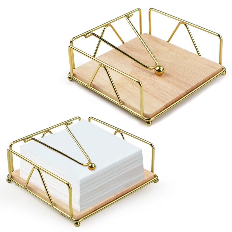 Gold Metal Napkin Holder with Solid Wood Base Ideal for Home Restaurant Hotel Cafe and Outdoor Use Efficient Tissue Dispenser