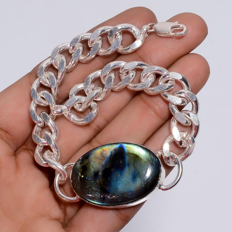 Excellent Top Grade Qualite 100% Natural Labradorite Oval Shape Ethnic Style Handmade Jewelry 925 Steling Silver Plated Bracelet 8" WSJ-4668