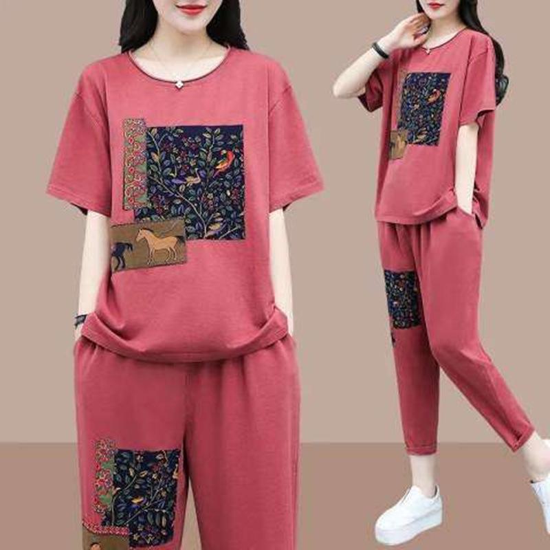 Suit Women's Summer Korean Version of The Large Size Printed Short-sleeved Blouse Women's Casual Loose and Thin Two-piece Suit