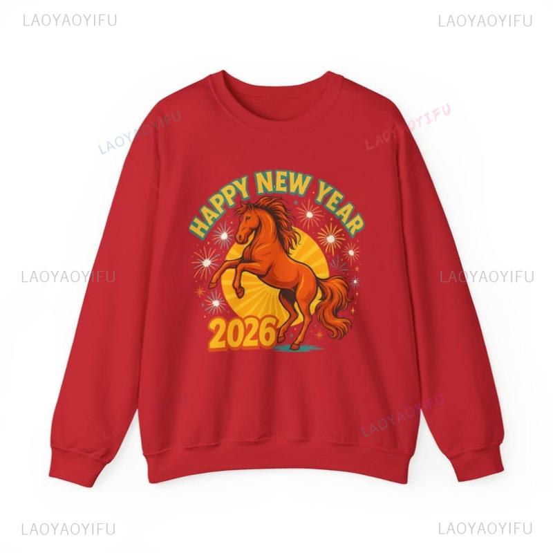 Happy New Year Keep Warm Horse Sweatshirt of The Lunar Gift Holiday Crewneck Matching Hoodies Autumn and Winter Adult Pullover