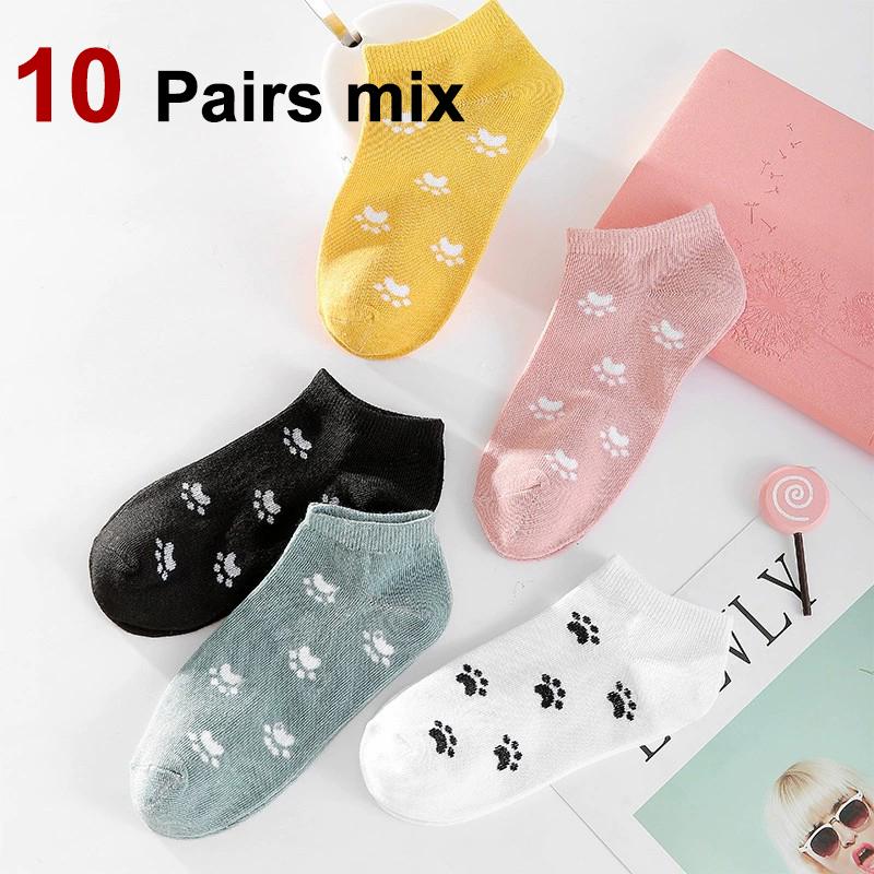 5/10 Pairs Women Cartoon Printed Short Socks Fashionable Little Dog Paw Pattern Summer Sweat Absorbing Breathable Casual Socks