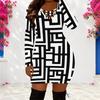 Women Plus Size Criss Cross V Neck Long Sleeve Black White Printed Bodycon Mini Dress