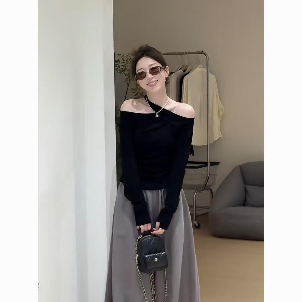 2026 Black One-Shoulder Halter Long-Sleeve Women s Chic Autumn Top S чёрный