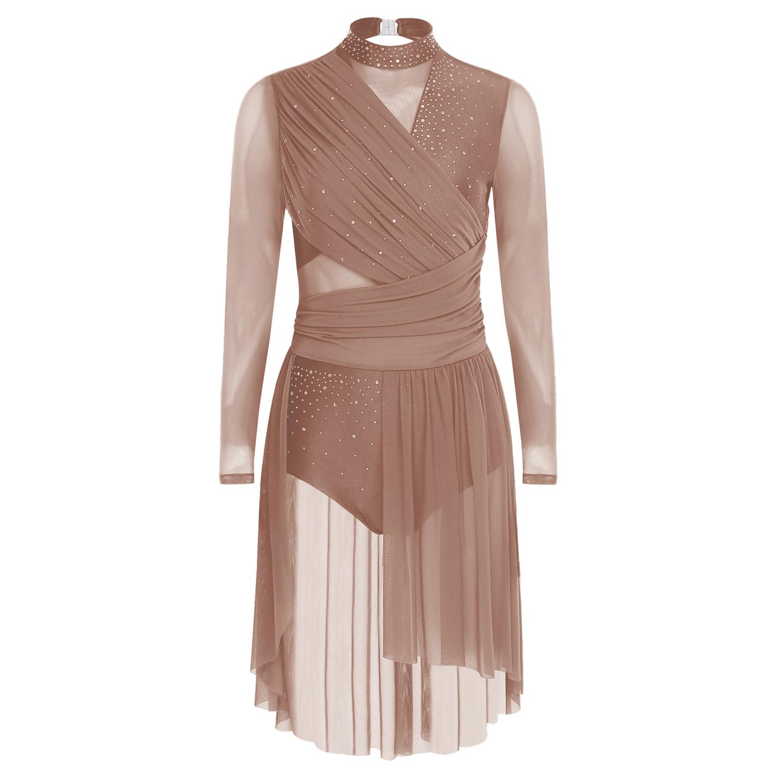 Abito da Danza Lirica da Donna a Maniche Lunghe con Design Arricciato Schiena Nuda Strass Scintillanti Body Monopezzo XL