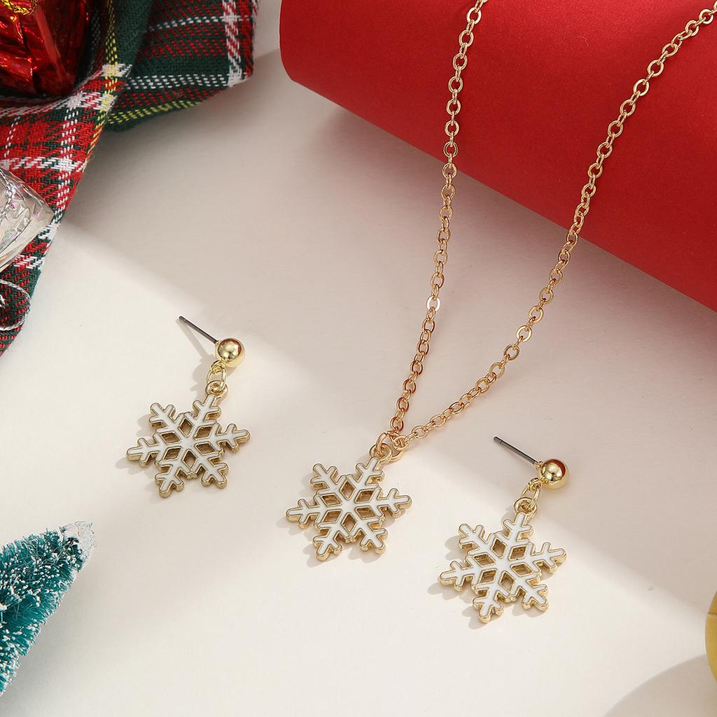 Premium Christmas Earrings Necklace, Light Luxury Simple Oil Drip Snowflake Collarbone Chain Jewelry Set