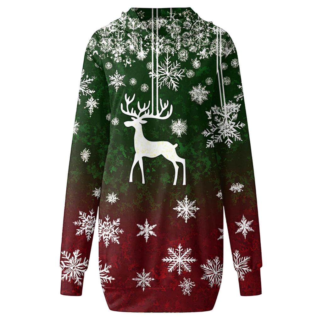 Women's Christmas Print Long-Sleeved Hooded Pocket Pullover Dress