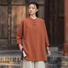 Johnature Women Vintage Shirts Tops Spring Chinese Style Solid Color Stand Long Sleeve Blouses