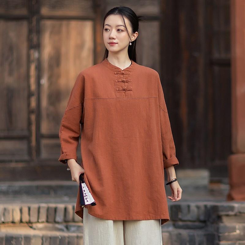 Johnature Women Vintage Shirts Tops Spring Chinese Style Solid Color Stand Long Sleeve Blouses