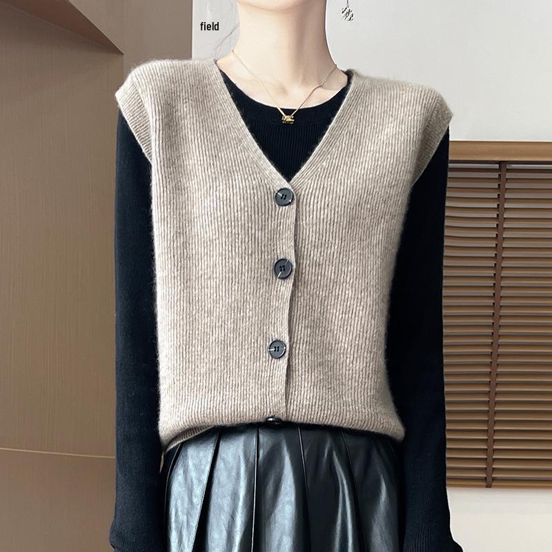 100% Pure Wool V-neck Solid Color Sleeveless Cardigan Vest - Spring & Autumn Collection
