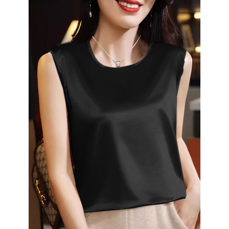 

Женская майка-камисоль из атласного шелка с круглым вырезом, весна/лето 2024 - универсальный однотонный топ 4XL чёрный