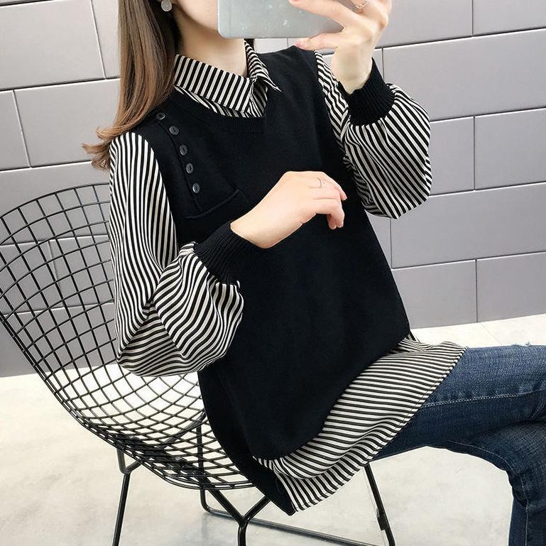 Fake Zwei Pullover Damen Langarmhemd Kragen Pullover Herbst und Winter Langarm Locker Oversized Strickpullover Freizeitpullover