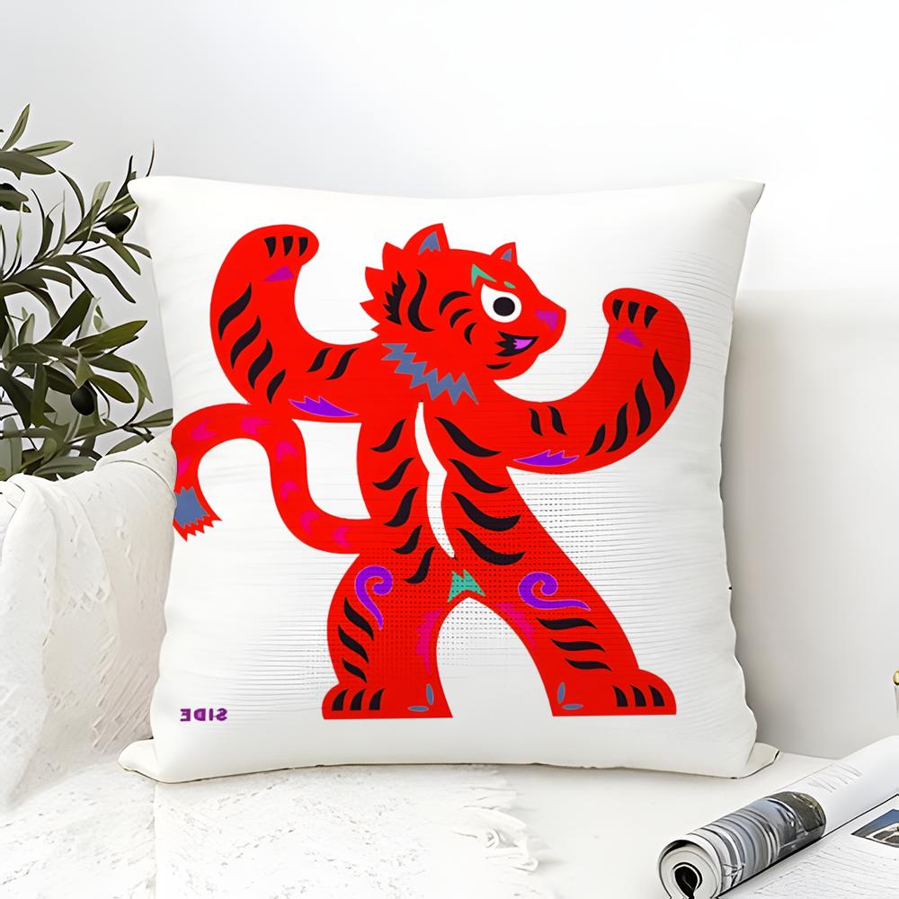 Oriental Festive Lion Print Pillow Case Cotton Linen Fabric Square Zipper Pillowcase Home Decorative Living Room