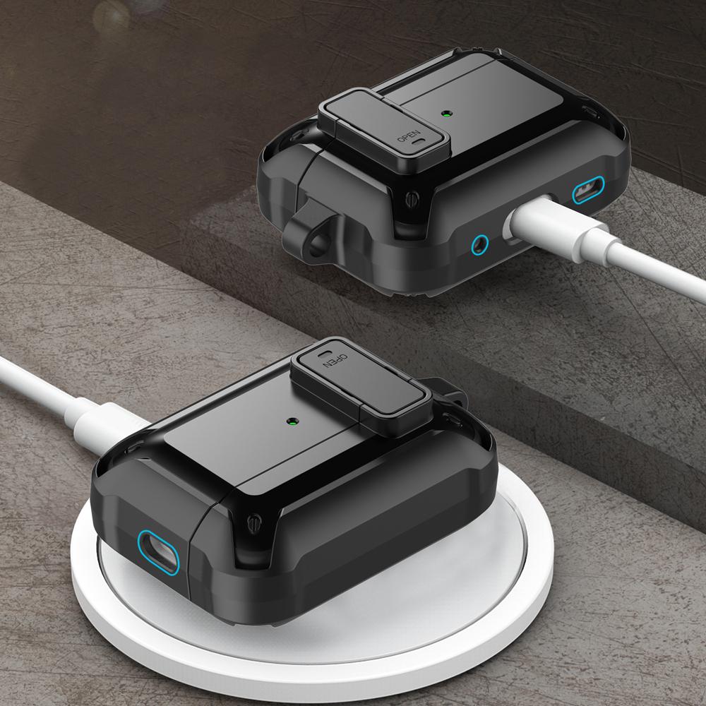 KEYSION Pouzdro na Bluetooth sluchátka pro AirPods Pro 3 Měkký silikon+PC Nárazuvzdorný zadní kryt se zámkem spínače Horolezecká karabina