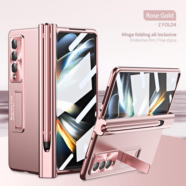 With S Pen Plating Clear Magnetic Case For Samsung Galaxy Z Fold 4 5G Kickstand 360 Full Screen Protector Phone Cover Z Fold 3