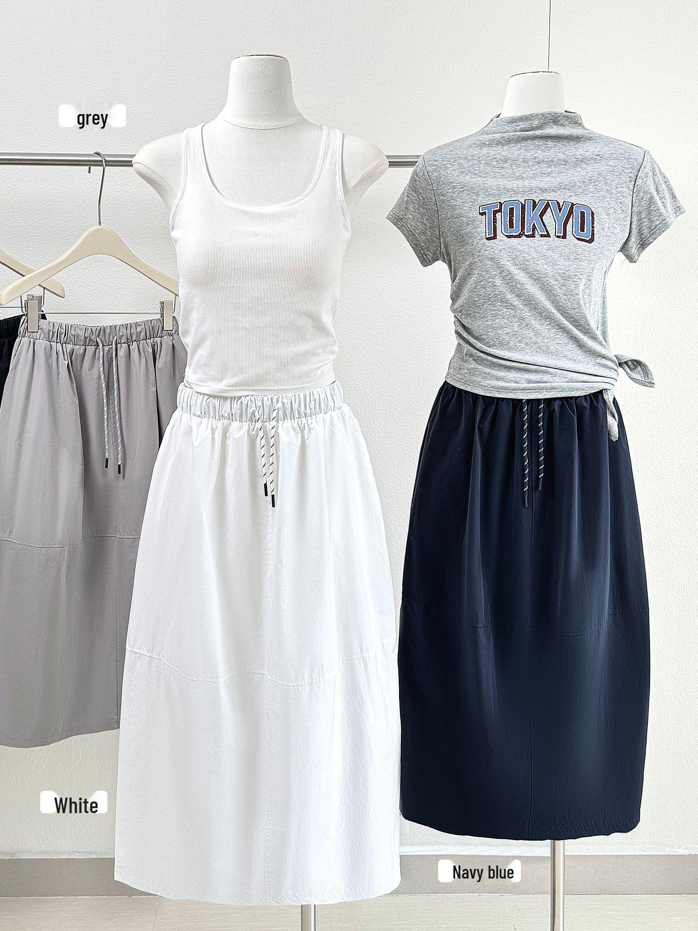 American Style Gray Bud Skirt: Quick-Drying, Retro & Versatile Mid-Length for Spring/Summer 2026 One Size белый