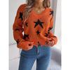 Autumn/Winter Casual V-Neck Star-Print Distressed Long-Sleeved Knitted Pullover for Women
