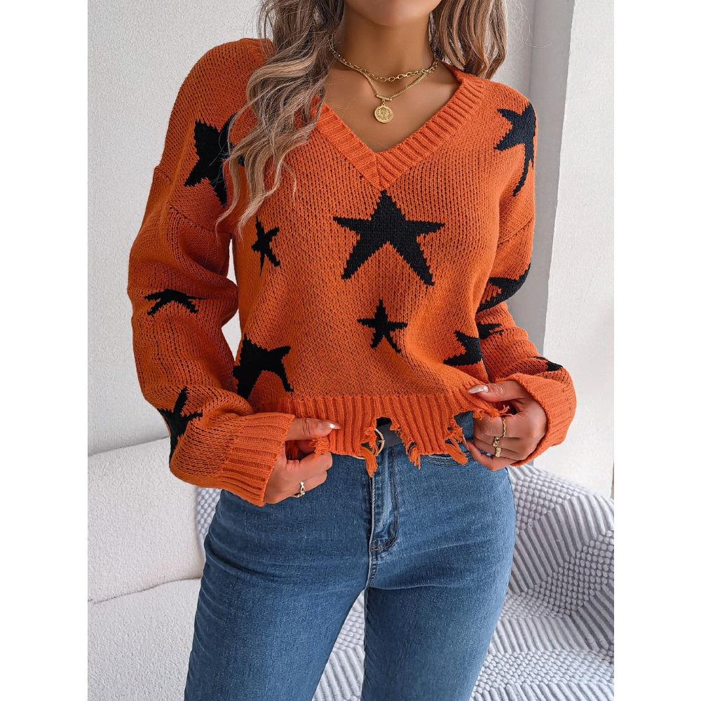 Autumn/Winter Casual V-Neck Star-Print Distressed Long-Sleeved Knitted Pullover for Women