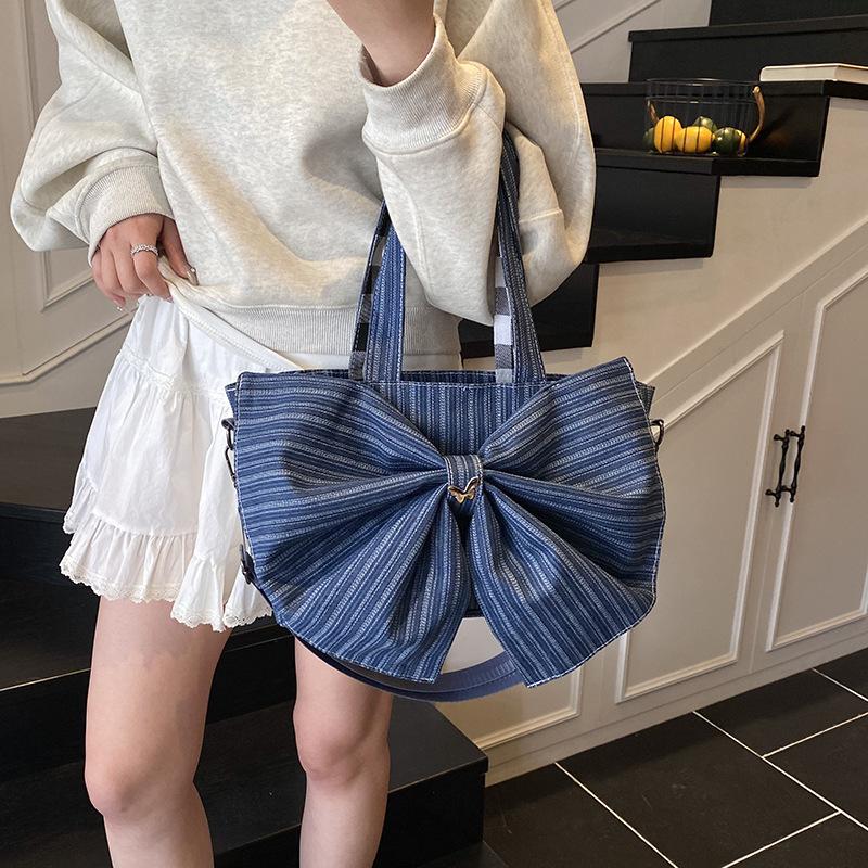 Korean Version of Canvas Bag Literary Niche Underarm Bag Women's 2025 New Large-capacity Bow Denim Tote Bag