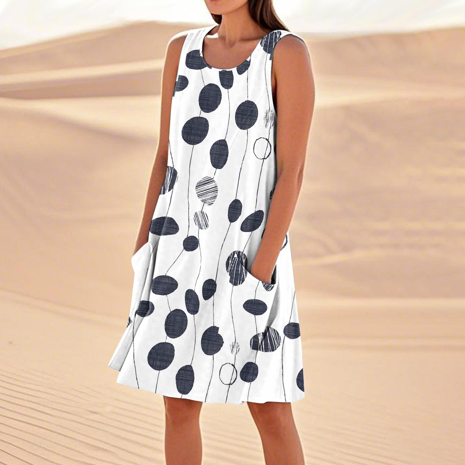 

Летние платья для женщин, свободные пляжные повседневные сарафаны без рукавов с карманами, платье-майка S белый