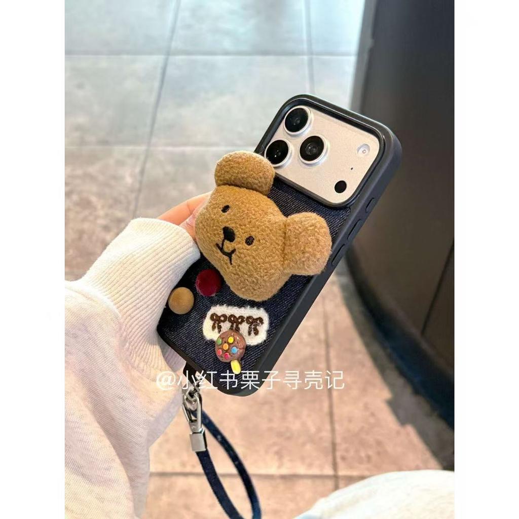 Cute Denim Embroidered Three-dimensional Bear Doll for iPhone17promax Mobile Phone Case 16/17pro1413