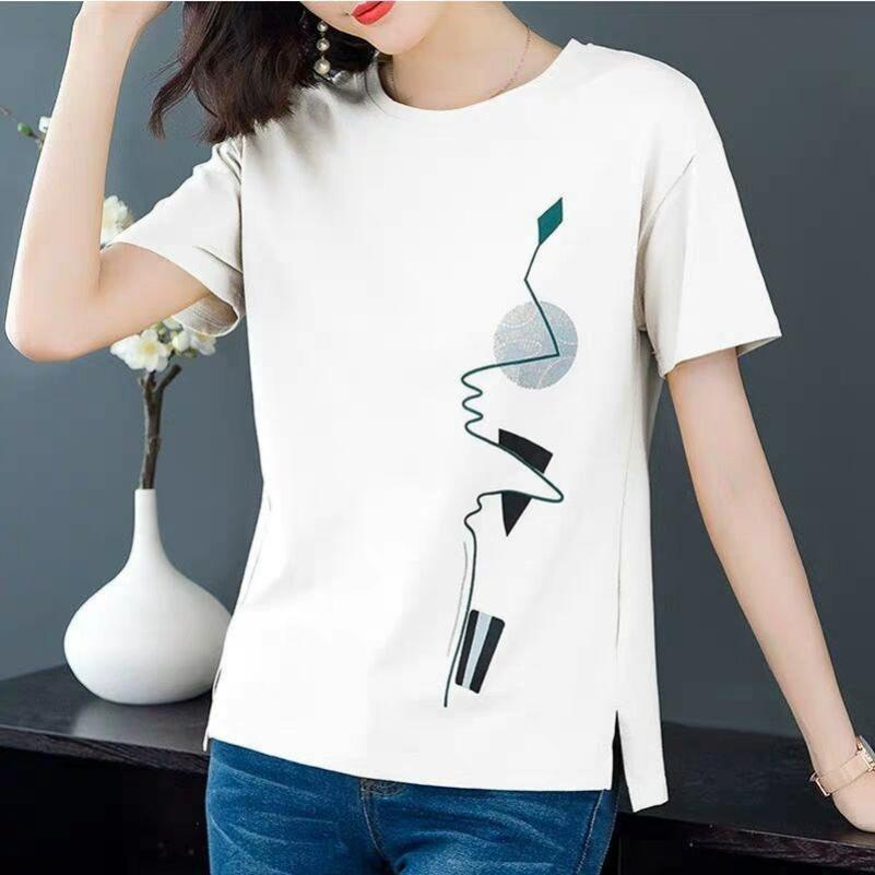 Short-sleeved T-shirt Women's Women's Summer Loose Large Size Fat Mm Literary Printing T-shirt Trend