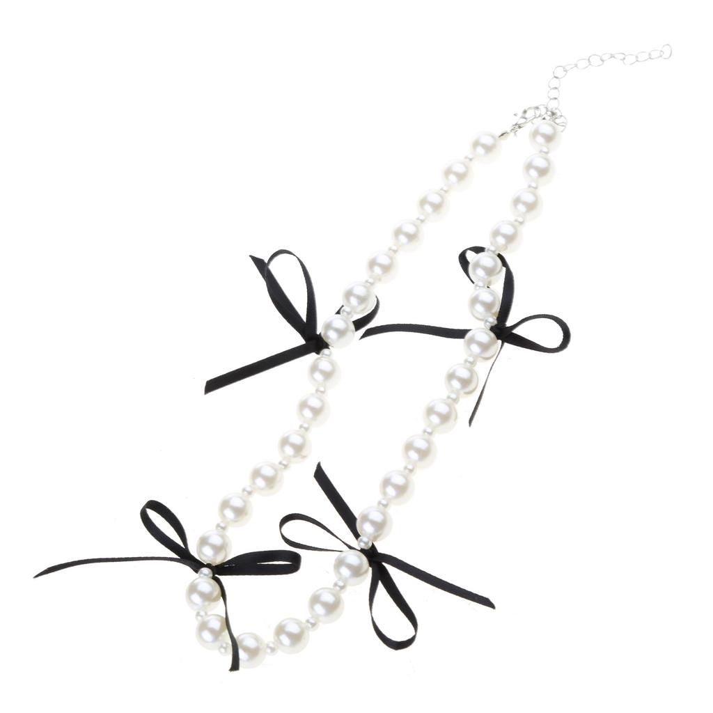 Fashionable Black Ribbon Bowknot Necklace Faux Pearl Alloy Chain Choker Fashion Cool Girls Clavicular Chain Jewelry
