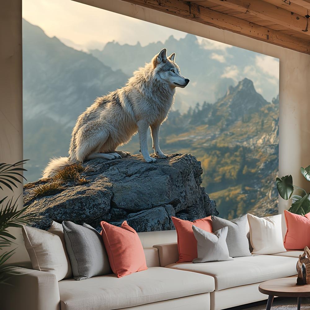 Majestic Wolf on Rocky Cliff Tapestry Perfect for Adding Nature and Adventure Style to Any Room Decor Ideal for Home Use