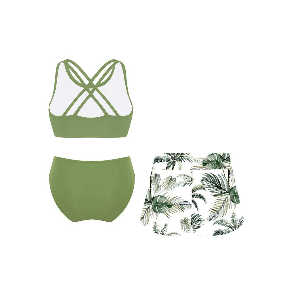 Girls Bathing Suit Set Sleeveless Round Neck Crop Top Wide Elastic Waistband Shorts Beach Swimming Outfit