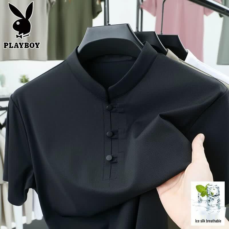 PLAYBOY Men s Ice Silk Chinese Style Frog Button T-Shirt XL