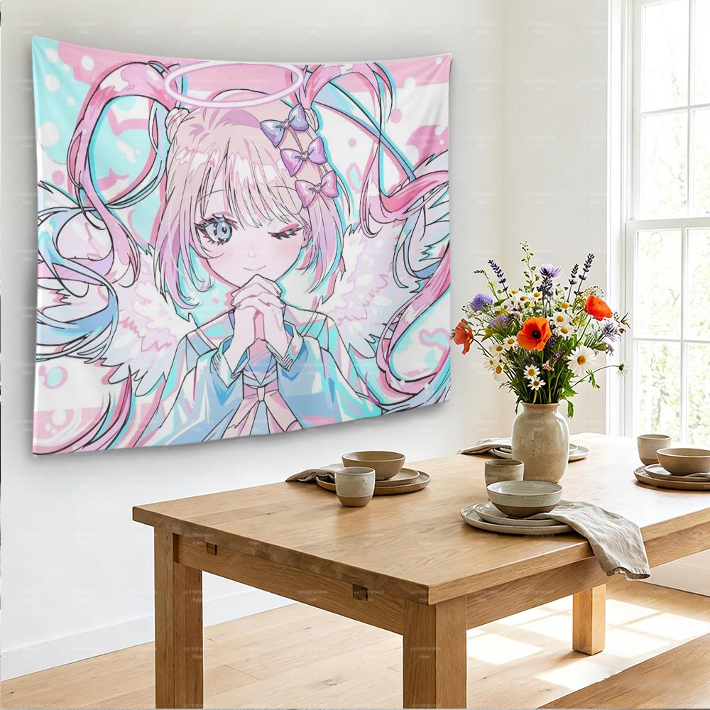 Süßes Anime-Engelsmädchen mit Heiligenschein Flügeln Wandteppich Pastell Goth Wandkunst für Mädchenzimmer Dekoration