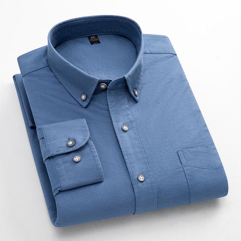 Men's Long-Sleeve Oxford Cotton Shirt - Breathable, Solid Color for Casual or Daily Wear