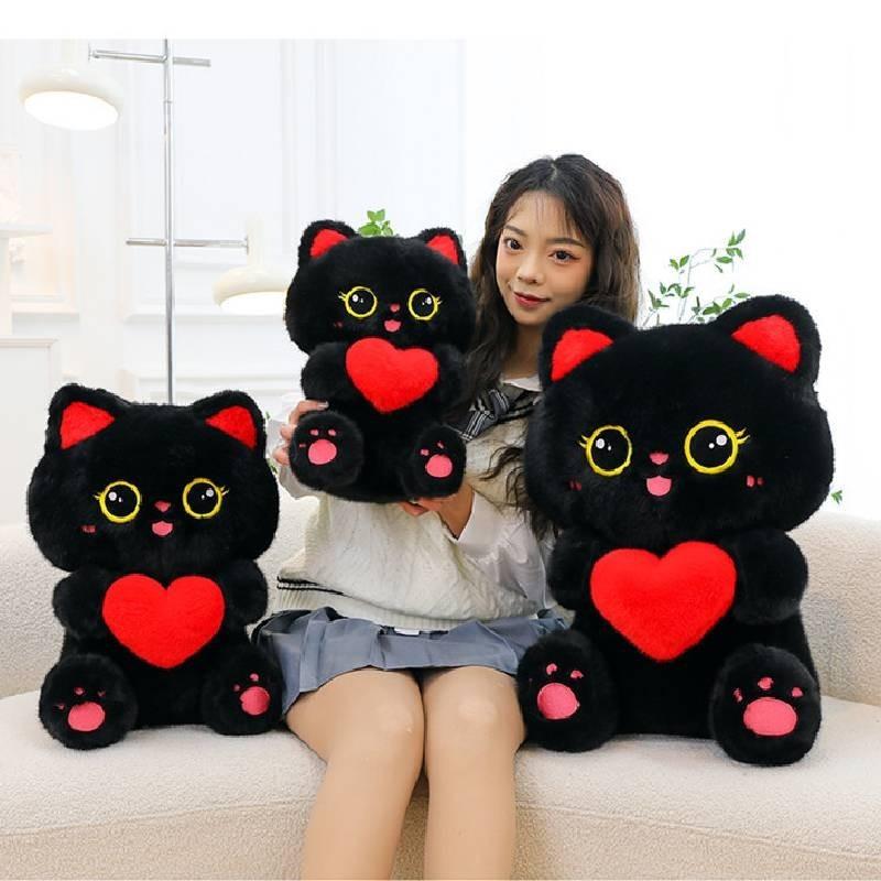 Cute Heart-hugging Black Cat Plush Toy Cartoon Cat Pillow Doll For Children Sleeping Rest Cushion