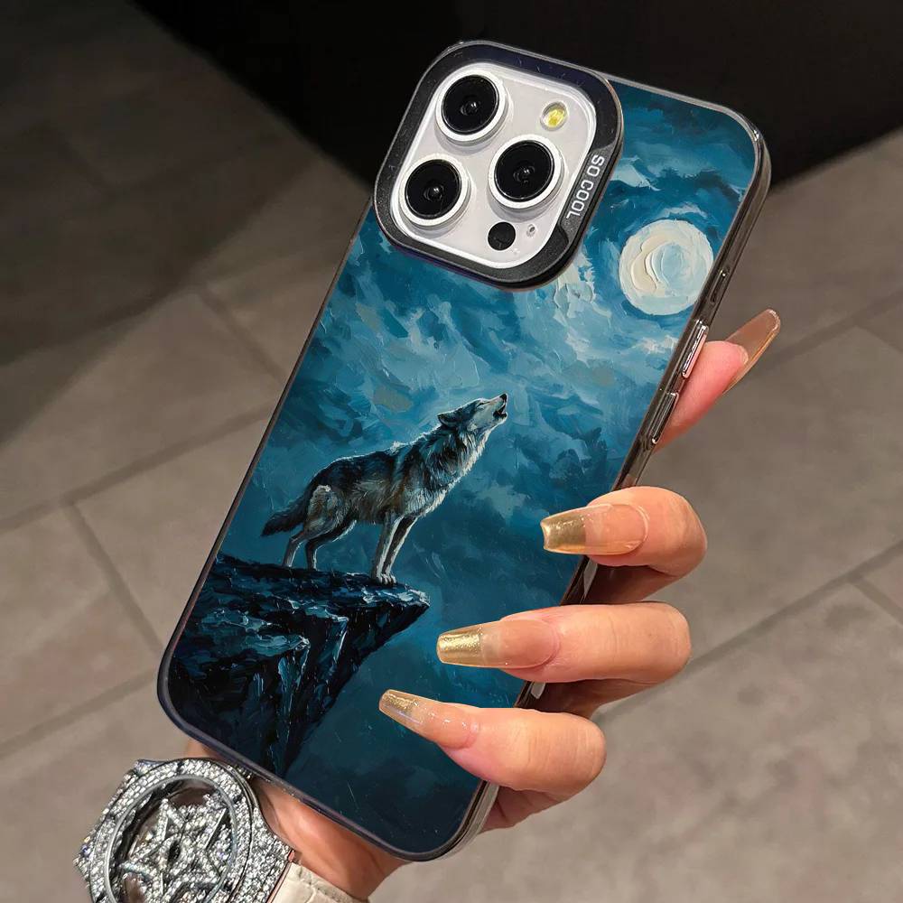 A Wolf Howling To the Sky Phone Case For iPhone 17,16,15,14,13,12,11 Plus,Pro Max,XS,Colorful Silver Phone Case Funda Cover
