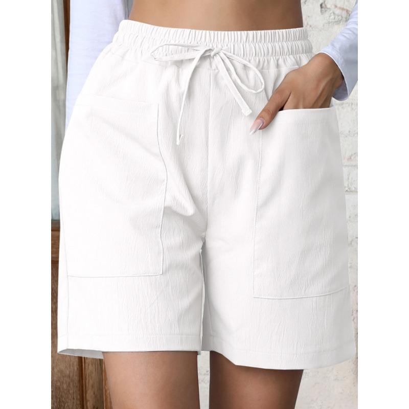 Damen Unifarbene Schwarze Kordelzug Taille Freizeitshorts