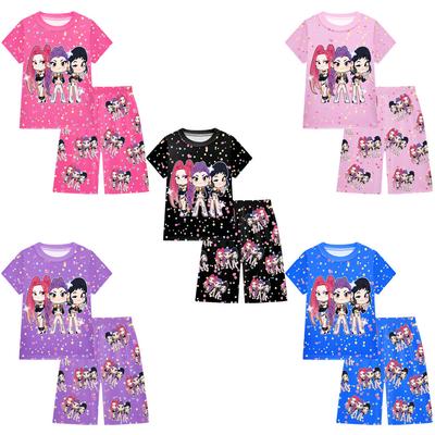 Kids Girls Anime Cartoon POP Singer Rumi Zoey Mira Printed Casual Short Sleeves T-shirt Shorts Pants Pajamas Sleepwear Sets