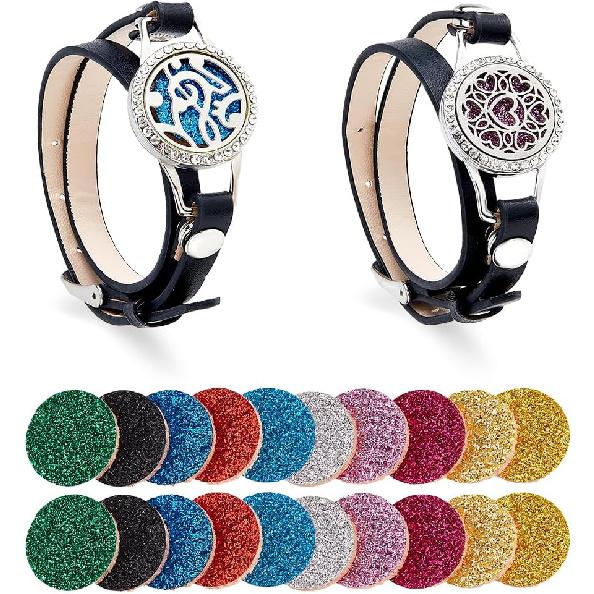 2 Styles Essential Oil Diffuser Bracelet Aromatherapy Bracelet Locket with 12.68 inch Replacement Leather Band and 20pcs Washable Refill Pad Gift for